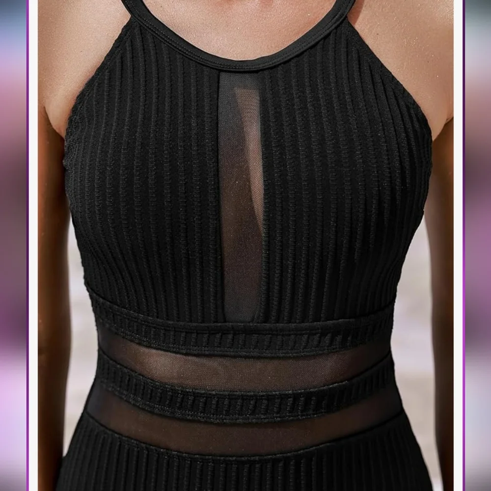 Cupshe Round Neck Back Cutout Textured/Mesh One-Piece - black - Picture 7 of 14